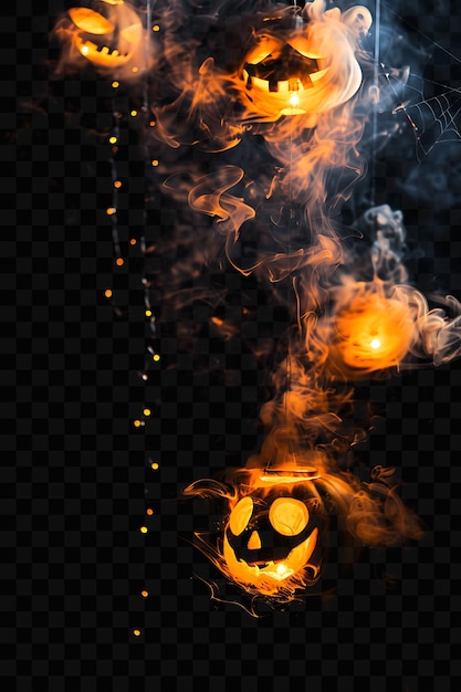 PSD des citrouilles d'halloween dans le noir avec des flammes et de la fumée.