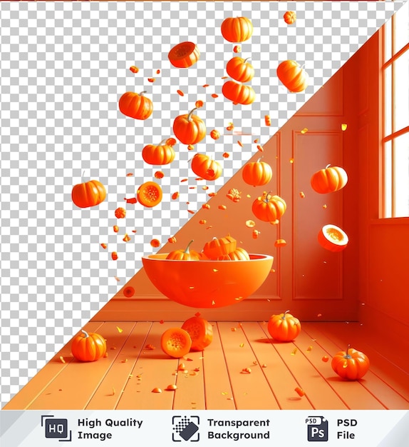 PSD des citrouilles de maquettes d'objets transparents tombent dans un bol sur un sol blanc, un sol en bois et un fond de mur orange.