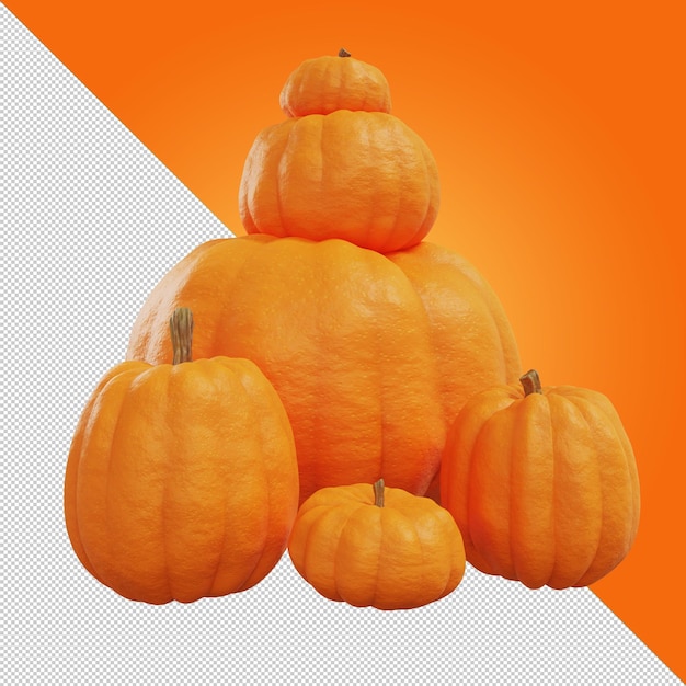 Citrouilles orange de différentes tailles sur fond transparent Citrouilles grandes et petites Citrouilles d'Halloween Ambiance d'automne Légumes naturels de la ferme Isoler Icône de citrouille Illustration 3d Rendu 3d