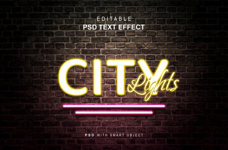 PSD city lights creative neon text effect
