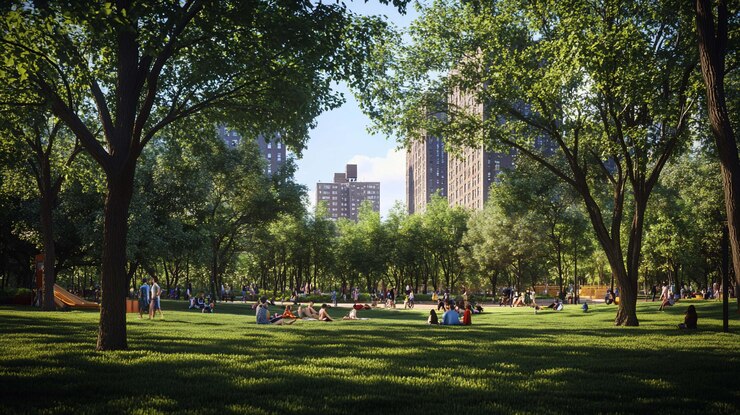 PSD city park scene with people relaxing in the grass lush trees and buildings in the background