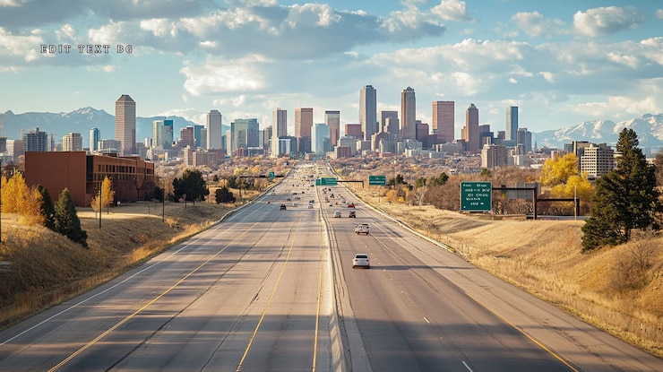 PSD city skyline viewed from a highway with cars driving