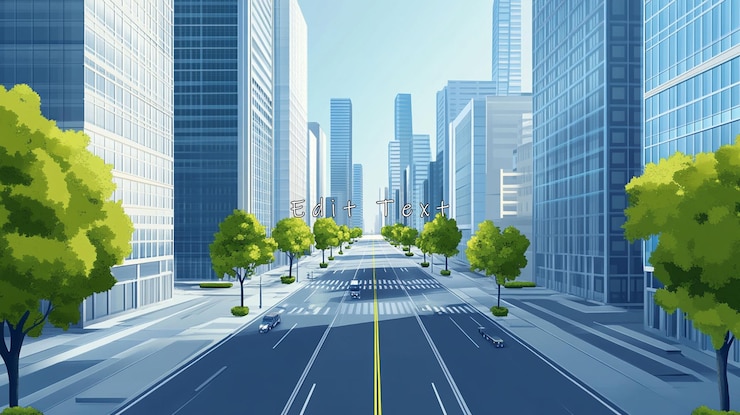 PSD city street with skyscrapers and trees