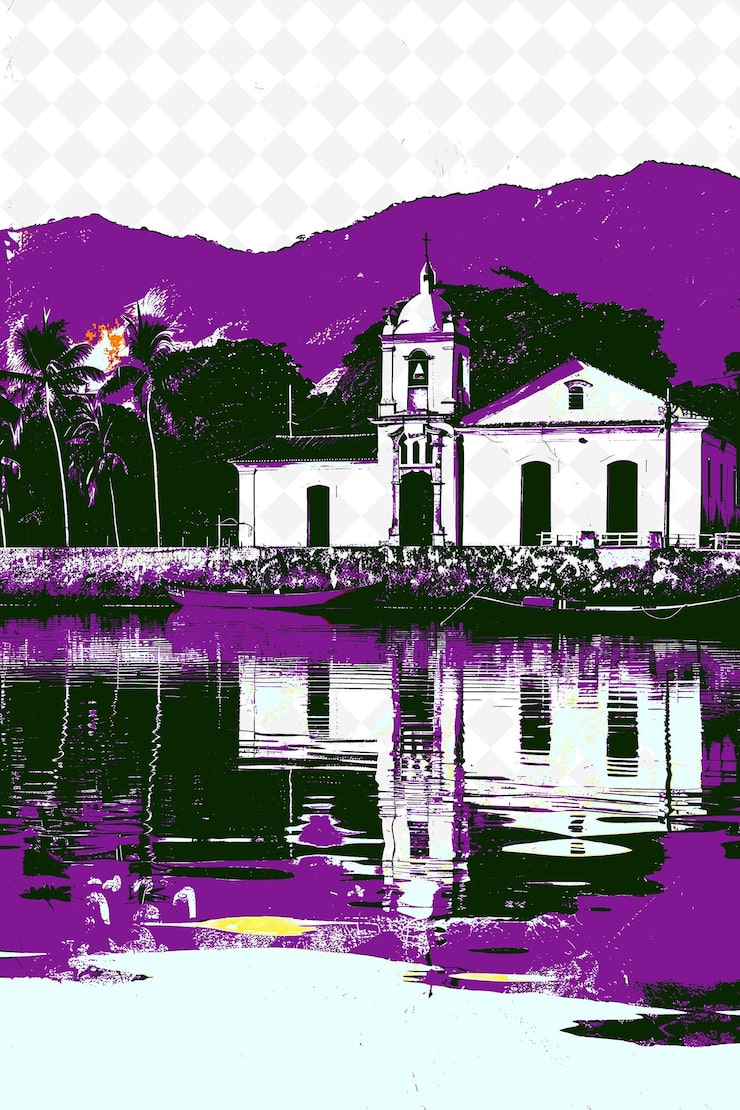 PSD la ciudad colonial de paraty con un río dorado y una iglesia, una ilustración de la vida y la cultura brasileñas