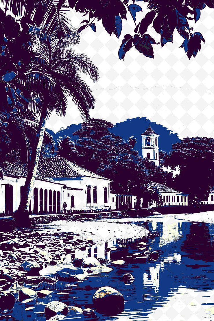 PSD la ciudad colonial de paraty con un río dorado y una iglesia, una ilustración de la vida y la cultura brasileñas
