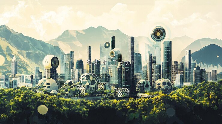 PSD ciudad futurista enclavada en las verdes montañas