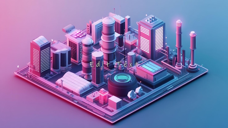 PSD ciudad lowpoly isométrica en la placa de circuitos