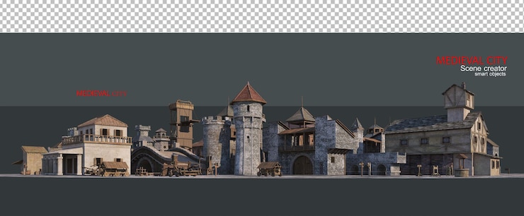 PSD ciudad medieval con variedad de vistas