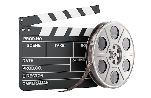 Clapperboard con bobina di film Cinema concept rendering 3D isolato su sfondo trasparente