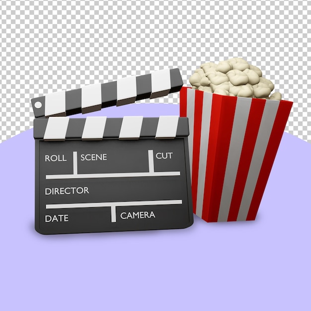 PSD claqueta de cine renderizada en 3d y palomitas de maíz
