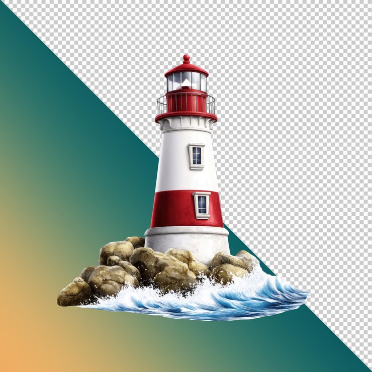PSD clásico faro rojo y blanco en la costa rocosa con olas estrelladas