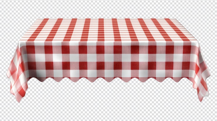 PSD clásico mantel de mesa a cuadros rojo y blanco colocado en una mesa robusta perfecto para comidas al aire libre y reuniones en clima soleado