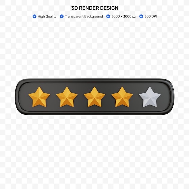 Clasificación de estrellas doradas de renderizado 3d con cuatro estrellas llenas aisladas