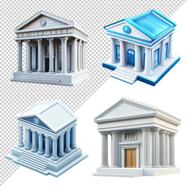 Classic Bank Building Models with Columns Design on Transparent Background