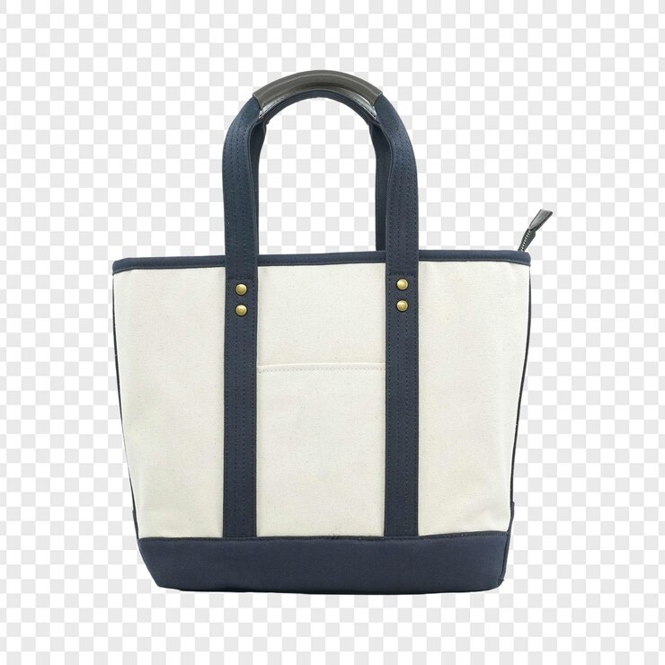 PSD classic canvas tote bag with navy blue accents