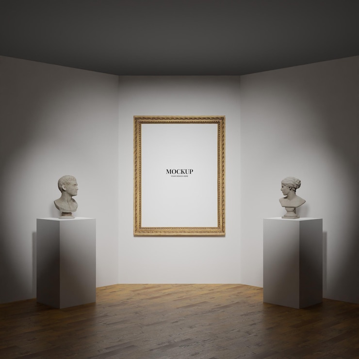 PSD classico poster mockup con cornice in legno in mezzo alla statua appesa alla parete del museo illuminata