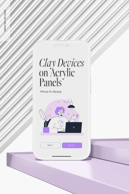 Clay iPhone 14 com pódio de acrílico Mockup, vista frontal