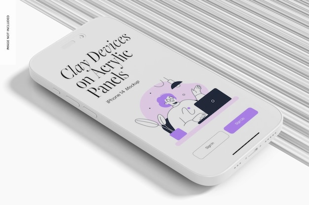 Clay iPhone 14 con podi acrilici Mockup, prospettiva