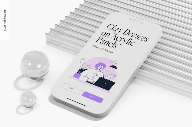 Clay iPhone 14 con Podium Acrilico Mockup, Inclinato