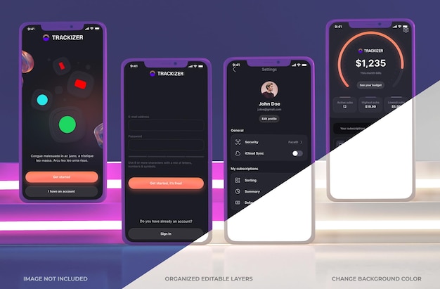 Clayphones on a pedestal steps with neon light ui ux design mockup