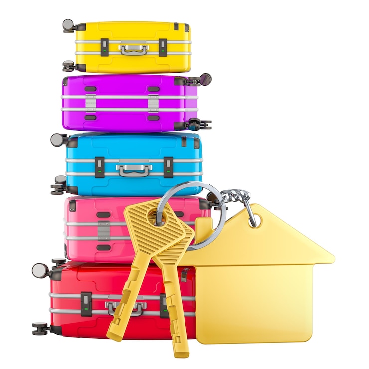 PSD la clé de la maison avec un porte-clés et une pile de valises de couleurs le service de réservation et le concept de voyage rendering 3d isolé sur un fond transparent