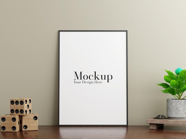 Clean Black Frame Mockup on Wooden Table