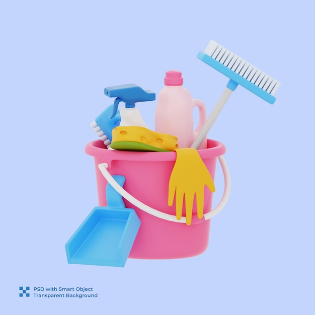 Cleaning Supplies in a Pink Bucket - 3D Cartoon Style