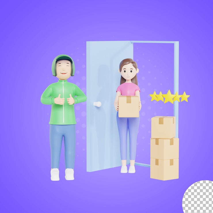 PSD el cliente feliz da una estrella para la entrega del personaje de renderizado 3d del servicio de mensajería