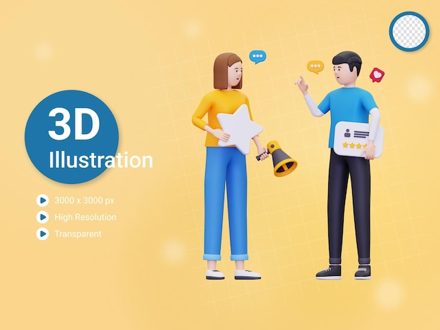 PSD los clientes 3d dan críticas positivas para una ilustración de producto