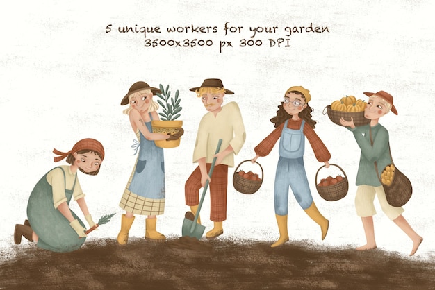 clip art conjunto de personagens de trabalhadores de jardim em um terreno para livros adesivos cartões página web