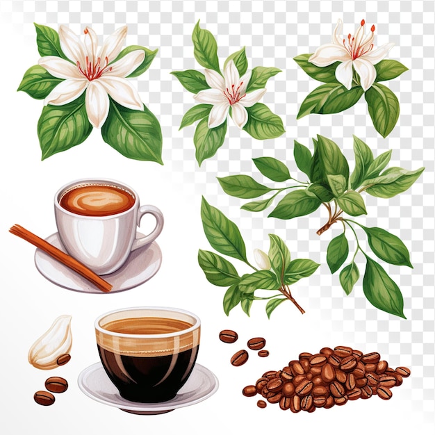 PSD clip art conjunto de ilustraciones acuarela rama de planta de café flores blancas hojas verdes y frijoles rojos