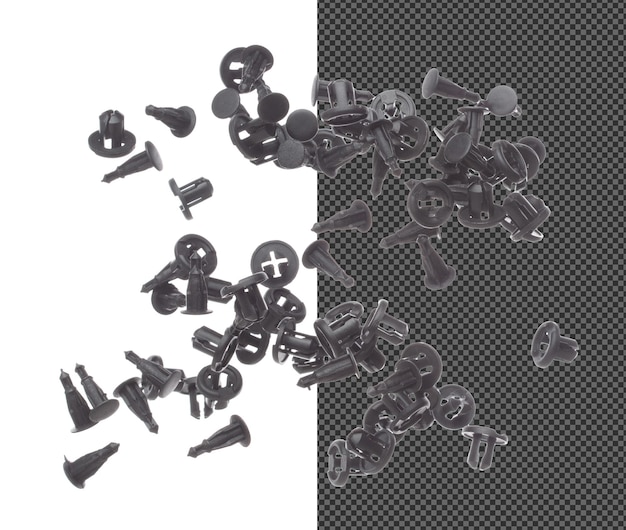 Clip di fissaggio in plastica esplosione di mosca nero clip di fissaggio di automobile galleggiare esplodere nube astratta mosca di automobile clip di fusione in plastica spruzzare in aria sfondo bianco isolato