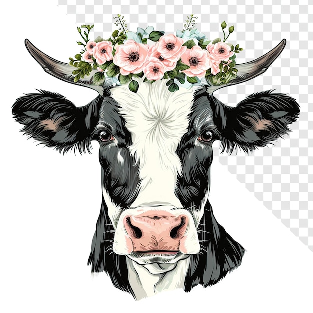 Clipart Bella mucca con copricapo floreale