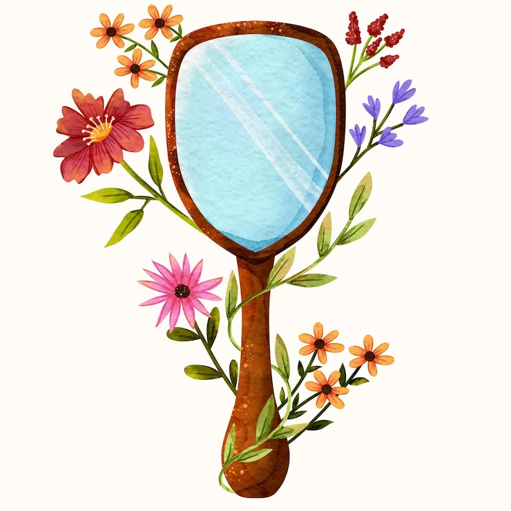PSD clipart illustration of hand mirror with watercolor flower arrangement