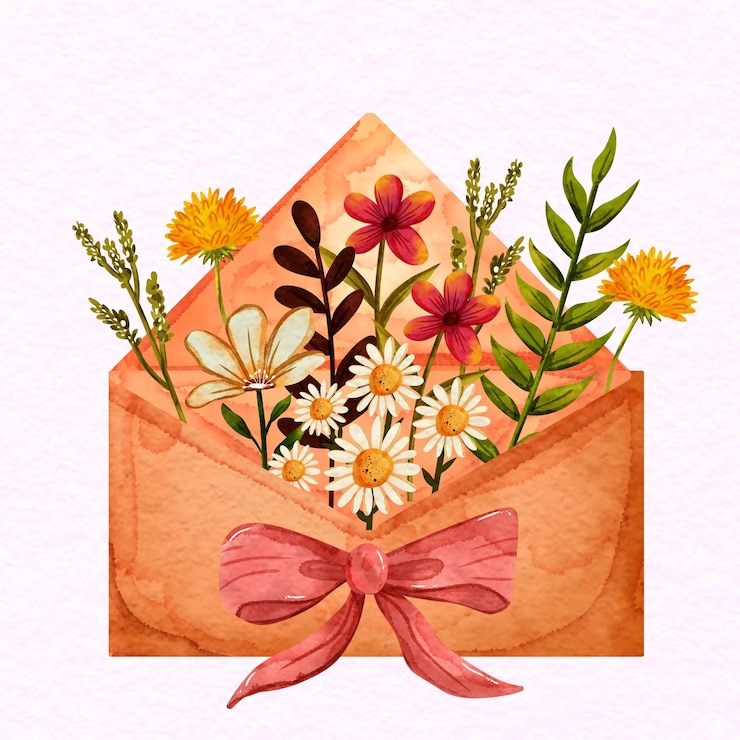 PSD clipart illustration of vintage envelope with colorful watercolor flower arrangement and pink ribbon