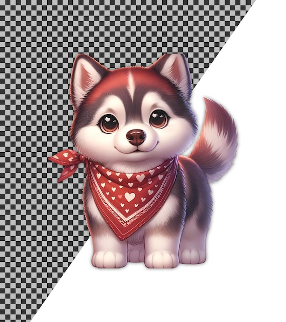 Clipart de ilustración de libro infantil lindo husky con pañuelo rojo con corazones blancos