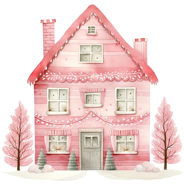 Clipart de la maison rose de Noël dans l'aquarelle