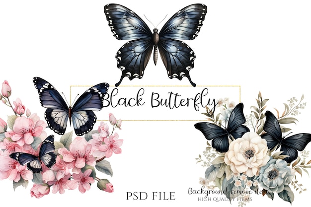 Clipart de mariposa floral negra archivo png psd