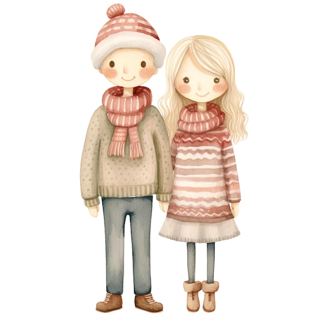 Clipart de Noël pour un couple d'aînés en style aquarelle capricieuse sur fond blanc