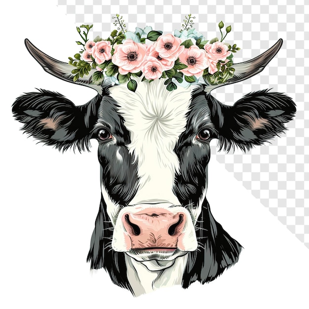 PSD clipart uma vaca linda com um chapéu floral