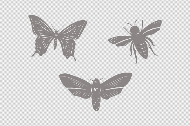 PSD clipart vetorial monocromático de abelha mariposa borboleta