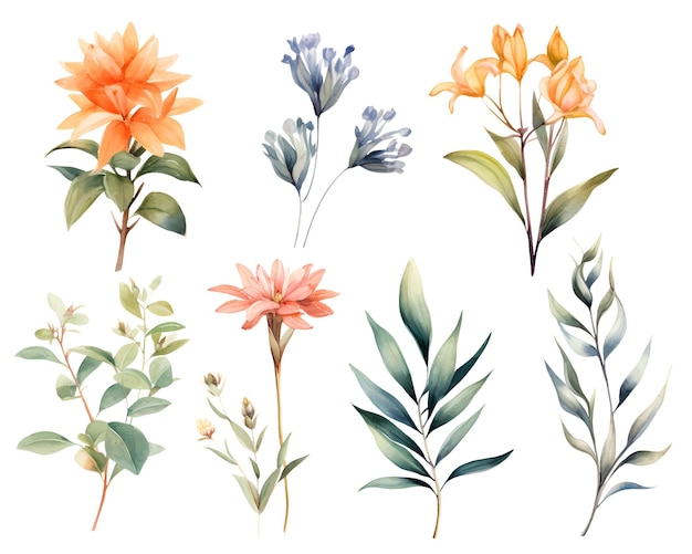 PSD clipart vintage de fleurs sauvages aquarelle