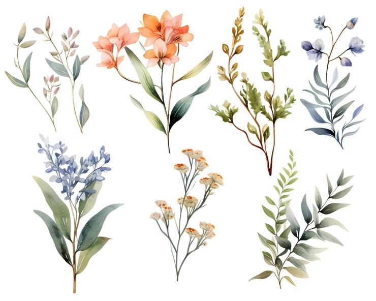PSD clipart vintage de fleurs sauvages aquarelle