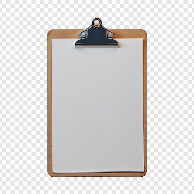 Clipboard avec une feuille blanche isolée sur un fond transparent