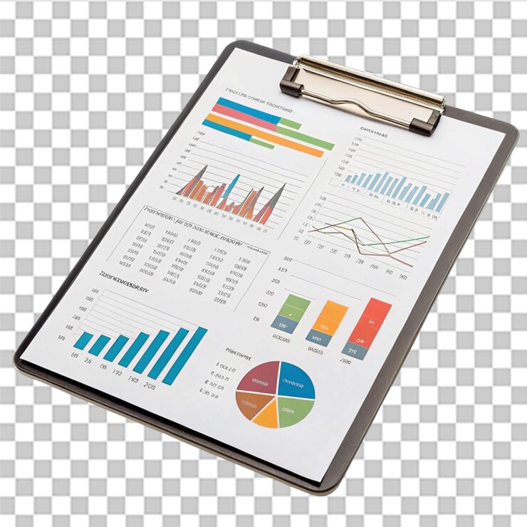 PSD clipboard con gráficos y gráficos de datos aislados en un fondo transparente