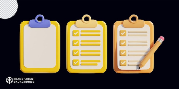 clipboard icon with paper check list icon set 3d render