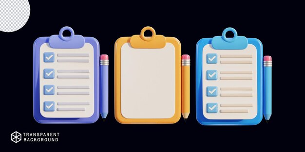 clipboard icon with paper check list icon set 3d render