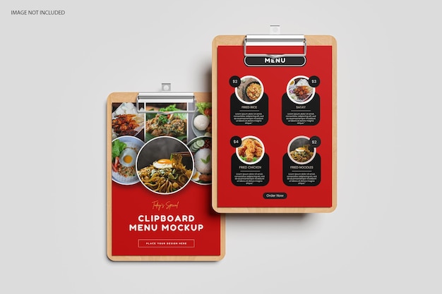Clipboard con modelo de menú de alimentos en papel A4 en formato PSD