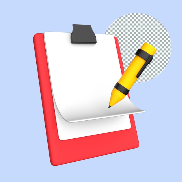 Clipboard et stylo d'illustration à rendu 3D Articles de bureau
