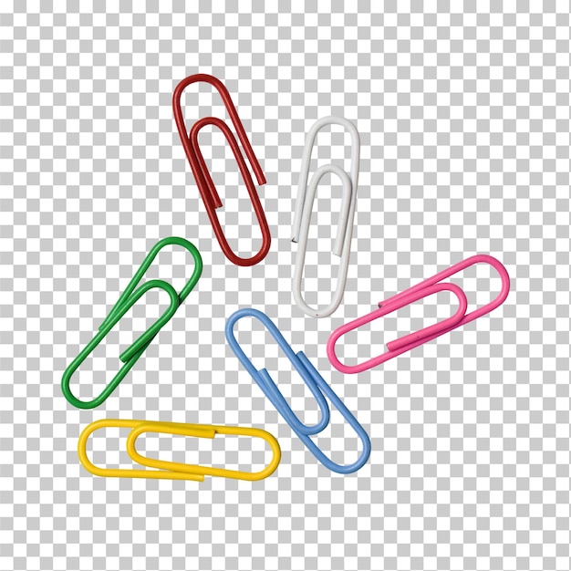 Clips de papel de colores sobre un fondo transparente